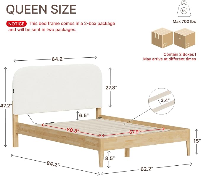 KISLOT Wood Bed Frame with USB & Type-C, Boucle Headboard, Cream, Queen | Platform Bed, Mattress Foundation, No Box Spring Needed, Easy Assembly