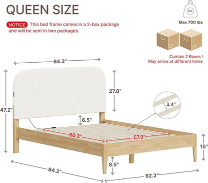 KISLOT Wood Bed Frame with USB & Type-C, Boucle Headboard, Cream, Queen | Platform Bed, Mattress Foundation, No Box Spring Needed, Easy Assembly