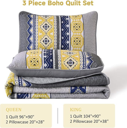 WONGS BEDDING 3 Pieces Quilt Set King Size, Grey Yellow Quilt Bedspread Lightweight Bohemian Coverlet Set with 2 Pillowcase, Soft Geometry Printed Bedding Set King for All Season 104"×90"