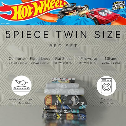 Hot Wheels Kids Bedding Super Soft Comforter and Sheet Set with Sham, 5 Piece Twin Size, (Officially Licensed Product) By Franco