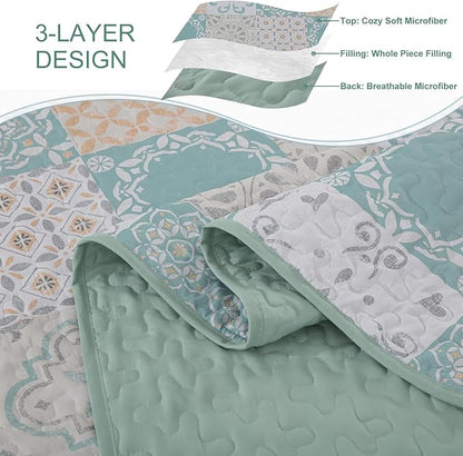 Dobuyly Patchwork Quilt Set Queen Size 3 Pieces Sage Green Yellow Boho Plaid Bedspreads, Summer Plaid Floral Coverlet Set, Soft Lightweight Microfiber Quilted Bedding Set for All Seasons 96"x90"