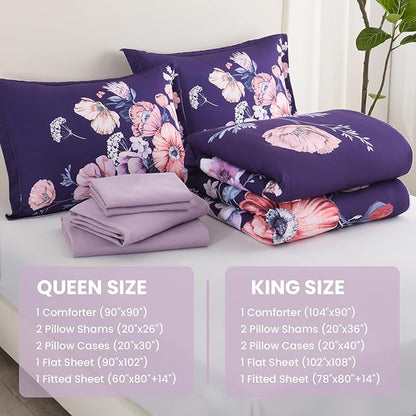 King Size Comforter Set - 7 Pieces Floral Comforter and Sheet Set, Dark Purple King Size Bed in a Bag, Soft Microfiber Flower Complete Bedding Set for All Seasons（Dark Purple,104"x90"）