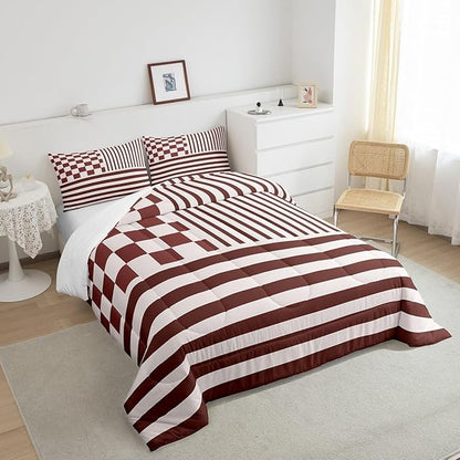 Brown Check Comforter Set Fashion Buffalo Plaid Bedding Set Modern Simple Style Bedding Home Decor Brown Stripes Geometric Comforter Twin Size Quilted Duvet Set 1 Comforter with 1 Pillowcase