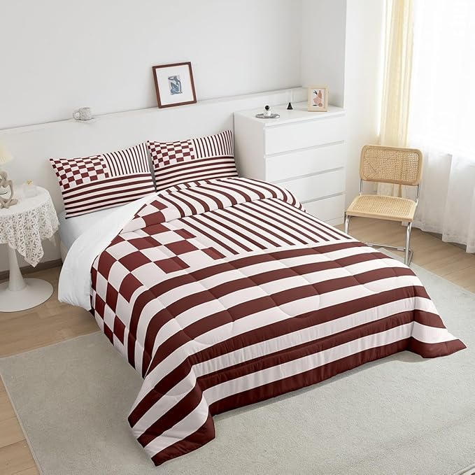 Brown Check Comforter Set Fashion Buffalo Plaid Bedding Set Modern Simple Style Bedding Home Decor Brown Stripes Geometric Comforter King Size Quilted Duvet Set 1 Comforter with 2 Pillowcase