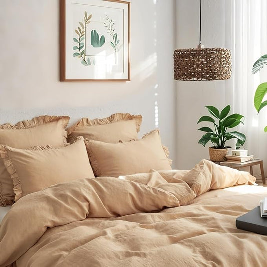 Simple&Opulence 100% Linen Duvet Cover Set, 3 PCS Natural French Flax Sand Ruffle Duvet Cover Full Size, Breathable Comfy Linen Bedding Comforter Cover with 2 Pillowcases (Sand, 78" X 86")