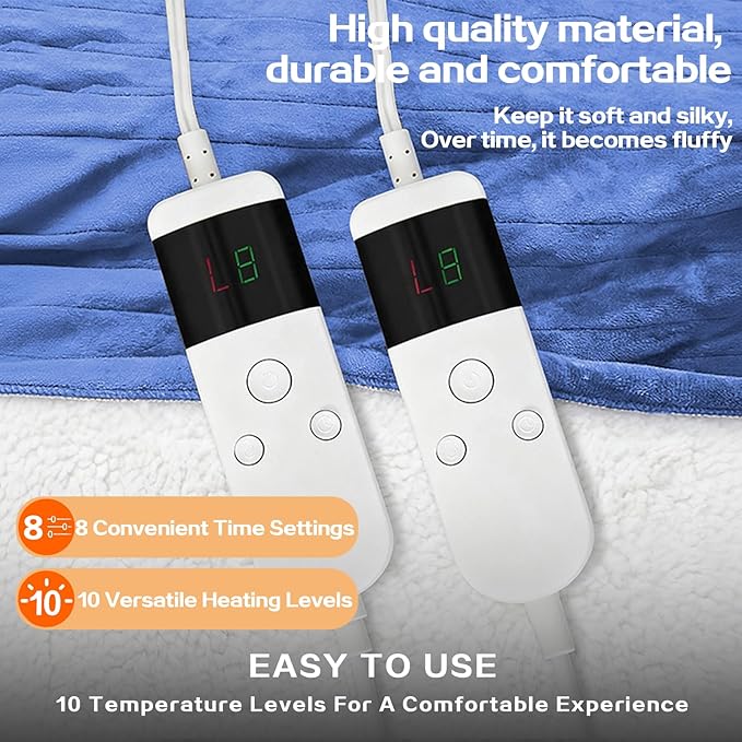 Electric Heated Blanket King Size 90''x100'' - Dual-Control Heating Blanket, Soft & Warm Flannel 10-Level Temperature Control, 8 Hours Auto Off, Rapid Heating & Overheat Protection