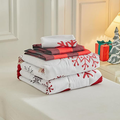 Christmas Toddler Bedding Set for Boys Girls Red White Sock Colorful Holiday 4PC Toddler Bed Set - Cute Toddler White Bed in a Bag with Gray Red Snowflake