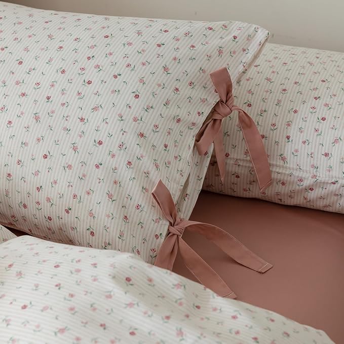 HighBuy Farmhouse Comforter Set Twin XL Botanical Floral Bedding Comforters for Teen Girls with 2 Bowknot Bow Tie Pillowcases Fluffy Soft Coquette Boho Comforter Cozy,Comfy Striped Comforter