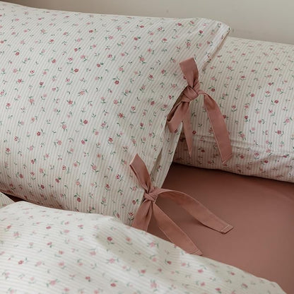 HighBuy Farmhouse Comforter Set Twin XL Botanical Floral Bedding Comforters for Teen Girls with 2 Bowknot Bow Tie Pillowcases Fluffy Soft Coquette Boho Comforter Cozy,Comfy Striped Comforter