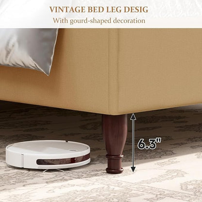 koorlian King Upholstered Bed Frame with 51'' Tall Headboard, Warm Brown | Reinforced Platform Bed, Easy Assembly, Soft Fabric, Sleigh Wingback, Solid Wood Retro Legs, Noise-Free, Classic & Simple