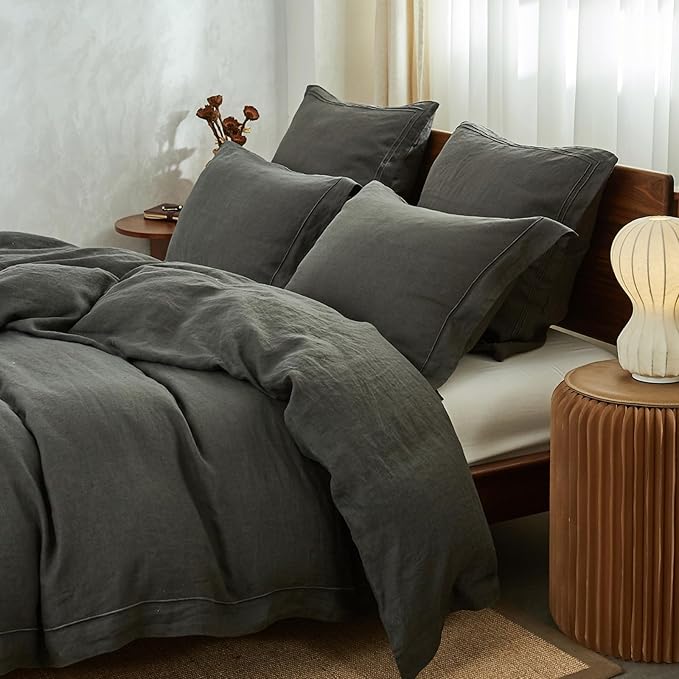 Simple&Opulence 100% Washed Linen Duvet Cover with Embroidered, 3 Pieces Soft Farmhouse Comforter Set with Button Closure,1 Duvet Cover and 2 Pillowshams(King,Charcoal Grey)