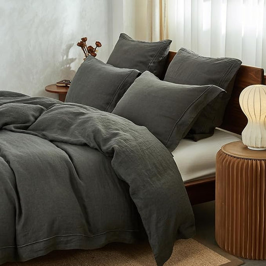 Simple&Opulence 100% Washed Linen Duvet Cover with Embroidered, 3 Pieces Soft Farmhouse Comforter Set with Button Closure,1 Duvet Cover and 2 Pillowshams(King,Charcoal Grey)