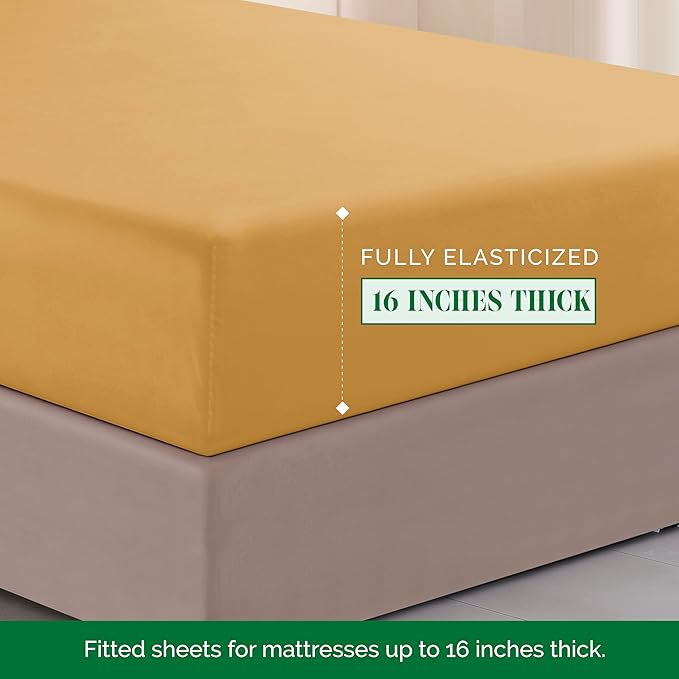Elegant Comfort Luxurious 1500 Premium Hotel Quality Microfiber Three Line Embroidered Softest 4-Piece Bed Sheet Set, Wrinkle and Fade Resistant, Full, Camel-Gold