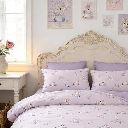 Taro Purple Bed in A Bag Full for Girls, 5Pcs Botanical Floral Bed in A Bag with Sheets, Cute Priness Girly Comforter Set with 2 Pillowcases + 1 Flat Sheet + 1 Fitted Sheet.