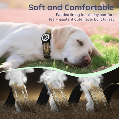Airtag Dog Collar, Reflective Ultra-Durable Nylon Padded with QR Code Buckle & IP68 Waterproof Air Tag Holder Compatible for Apple AirTag, Comfortable for Small Medium Large Dogs(Brown,L)