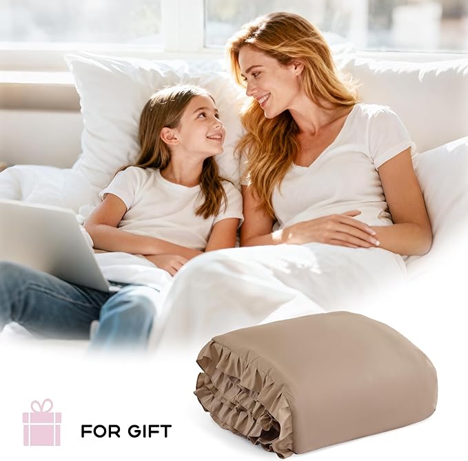 JANZAA King Ruffled Comforter Set 3PCS (1 Taupe Comforter Set and 2 Pillowcases) Vintage Farmhouse Shabby Chic Bedding Soft Fluffy All Season