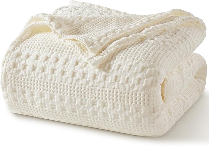 PHF 100% Cotton Waffle Weave Blanket Twin Size for Bed, Soft Lightweight & Breathable for Spring and Summer, All-Season Comfort, Luxury Aesthetic Blanket for Home Decor, 66"x90", Ivory