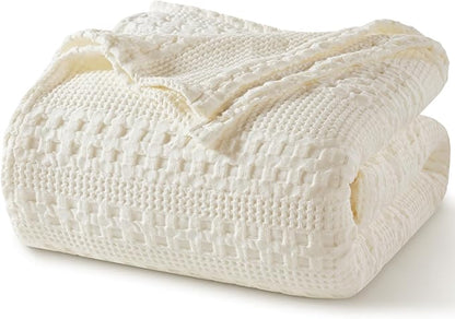 PHF 100% Cotton Waffle Weave Blanket Twin Size for Bed, Soft Lightweight & Breathable for Spring and Summer, All-Season Comfort, Luxury Aesthetic Blanket for Home Decor, 66"x90", Ivory
