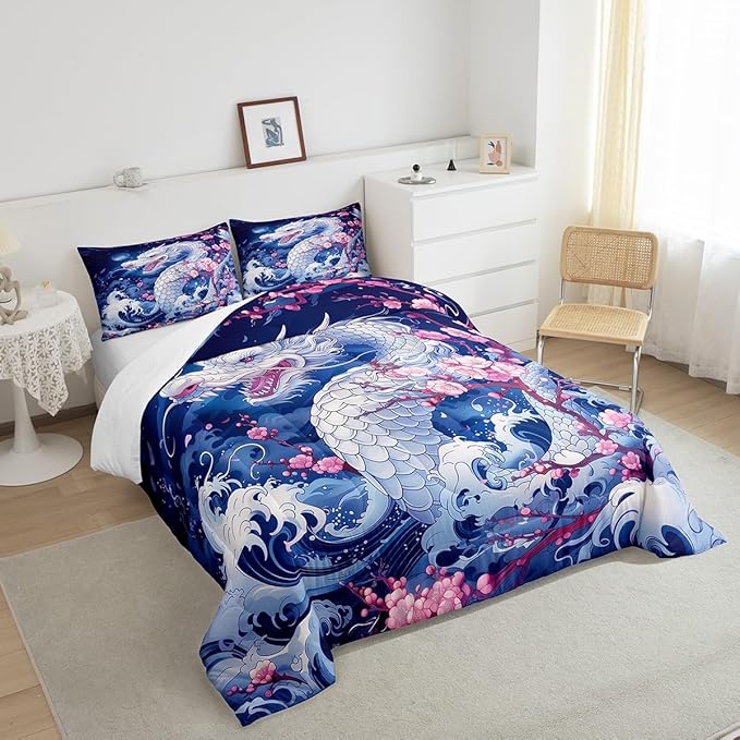 Dragon Comforter Set King Size,Japanese Style Pink Cherry Blossom Bedding Set 3Pcs,Kids Girls Boys Teens Room Decor,Blue Sea Waves Quilt Set Magical Wild Animals Duvet Insert,2 Pillowcases