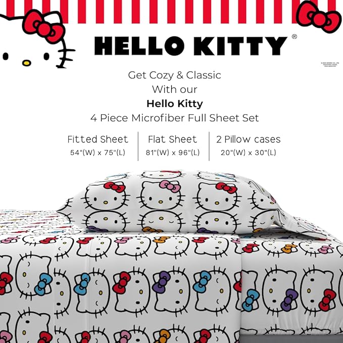 Collectibles Hello Kitty Bows Bedding Super Soft Cozy Microfiber 4 Piece Full Sheet Set, (Officially Licensed Product) By Franco
