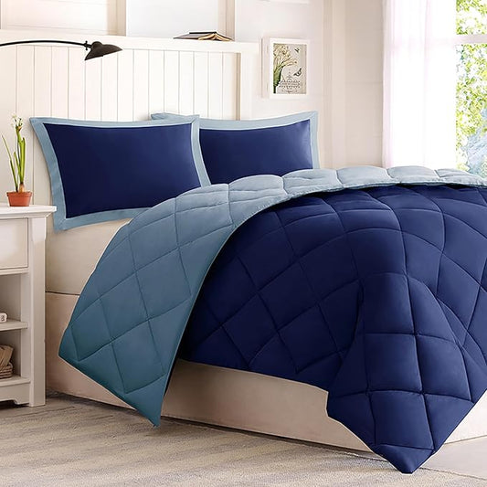 Madison Park Comforter Set, Reversible Down Alternative All Season Microfiber Bedding, 3M Scotchgard Stain Release, King Dorm Comforter, Navy/Light Blue