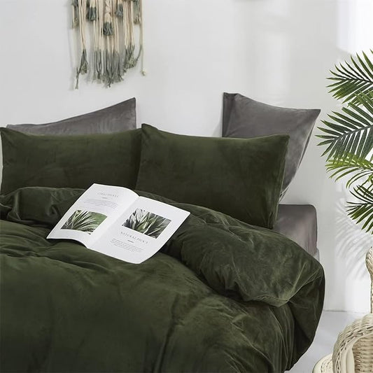 Houseri Olive Green Velvet Comforter Set Queen Fluffy Army Bedding Sets Size Dark Sherpa Puffy Military Bed Flannel Warm Color Blanket Queen(90''*90''-Comforter)