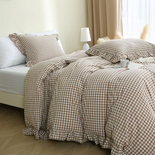 Taupe/White Plaid Ruffle Duvet Cover Twin Size,100% Washed Cotton 3 Pcs Vintage Checkered Chic Gingham Bedding Set Comforter Cover Set