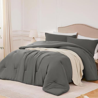 Oversized Queen Comforter Sets Grey,3PCS Soft Lightweight Breathable Bedding Comforter Sets for All Season, Queen XL(98''×98'' Comforter & 2 Pillowcases)