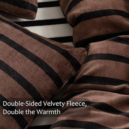 Bedbay Fleece King Comforter Set Brown Striped Bedding Set 3 Pcs Luxury Shaggy Velvet Comforter Set Soft Warm Fluffy Flannel Bedding Brown and Black Stripes King Bed Set for All Seasons