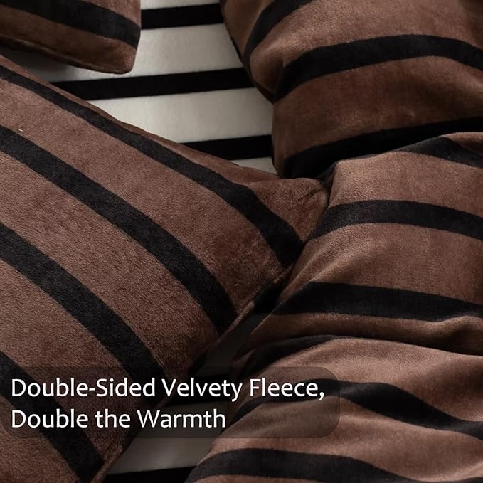 Bedbay Fleece Queen Comforter Set Brown Striped Bedding Set 3 Pcs Luxury Shaggy Velvet Comforter Set Soft Warm Fluffy Flannel Bedding Brown and Black Stripes Queen Bed Set for All Seasons
