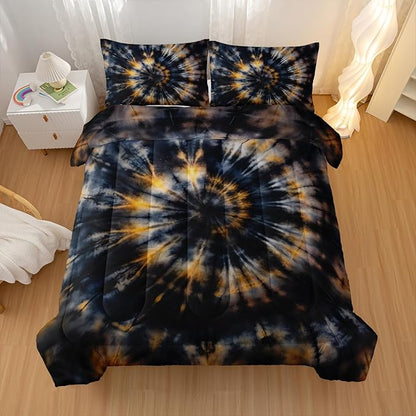 Dark Tie Dye Comforter Sets King Size,Yellow Fission Graffiti Bedding Set for Your Room,Abstract Soft Lightweight Quilted Set All Season 1 Comforter and 2 Pillowcases