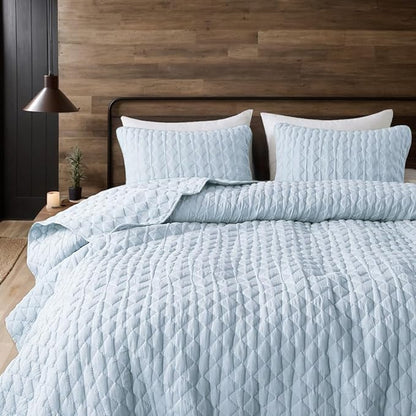 WDCOZY Light Blue Quilt King Size Bedding Set with 2 Pillow Shams, Lightweight Soft Bedspread Coverlet, Thin Comforter Bed Cover for All Season, 3 Pieces, 104x90 inches