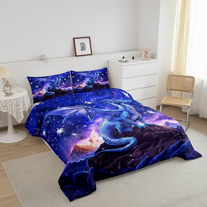 Dragon Comforter Set King Size,Starry Sky Mountains Bedding Set for Kids Girls Boys Room Decor,Blue Purple Western Magical Quilt Set 3Pcs,Wild Animal Trippy Duvet Insert,2 Pillowcases