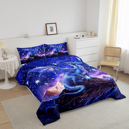 Dragon Comforter Set King Size,Starry Sky Mountains Bedding Set for Kids Girls Boys Room Decor,Blue Purple Western Magical Quilt Set 3Pcs,Wild Animal Trippy Duvet Insert,2 Pillowcases
