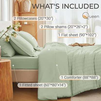 MUXHOMO 7 Pieces Queen Comforter Set, Seersucker Bed in a Bag Queen Size, All Season Luxury Bedding Set with Comforter, Flat Sheet, Fitted Sheet, Pillowcases & Shams, Light Green