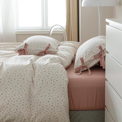HighBuy Farmhouse Comforter Set Twin XL Botanical Floral Bedding Comforters for Teen Girls with 2 Bowknot Bow Tie Pillowcases Fluffy Soft Coquette Boho Comforter Cozy,Comfy Striped Comforter