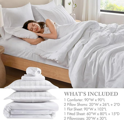 Madison Park Essentials Striped Comforter Set Queen, 7 Pieces Modern Minimalist Jacquard Bedding Set for All Season, Bed in A Bag with Sheet Set and Soft Brushed Reverse, Lightweight White