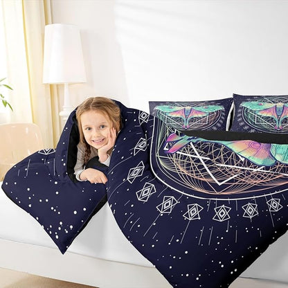 Erosebridal Moth Comforter Butterfly Bedding Set Queen Size Gothic Decor Down Comforter Geometric Comforter Set Halloween Duvet Set for Kids Boys Girls Teens Room Dorm Decorative, Navy Blue