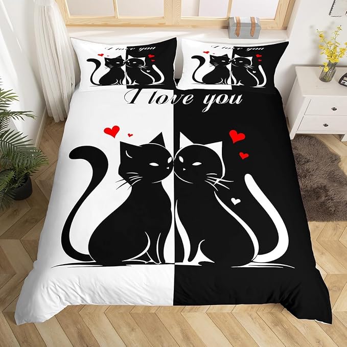 Cats Lovers Queen Size Duvet Cover for Teens Youth,Cute Cat Valentine's Day Comforter Cover with 2 Pillow Shams,Black White Couples Bedding Set,No Comforter