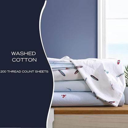 Nautica - Twin XL Sheets, Cotton Percale Bedding Set, Fully Elasticized, Ideal Dorm Essentials (Lobster Walk Red, Twin XL)