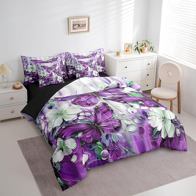 Erosebridal 7 Piece Purple Butterfly Full Comforter Set with Sheets for Girls Teen Women,White Flowers Oil Painting Boho Bed in A Bag Floral Butterfly Bedding Set,Retro Bohemian Animal Bed Set