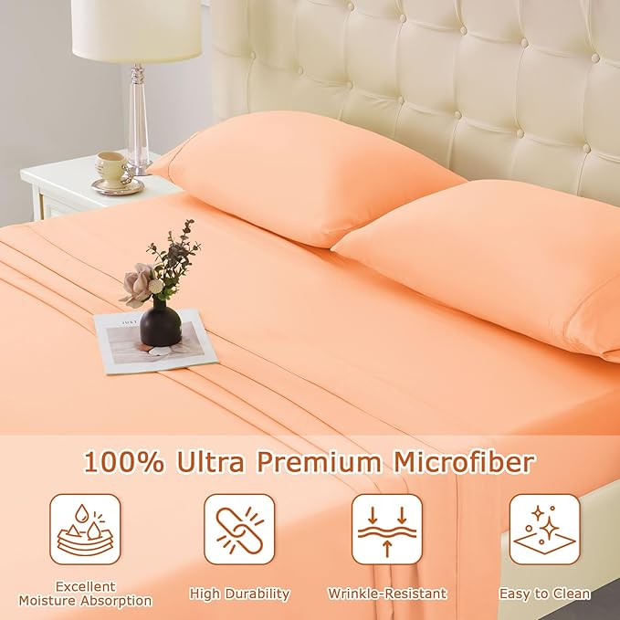Full Size Bed Sheet Set - 4 Piece Soft Microfiber Sheets with Deep Pockets, Cooling Technology, and Wrinkle-Free Pillowcase. Hotel-Quality, Durable Bedding, Peach Fuzz