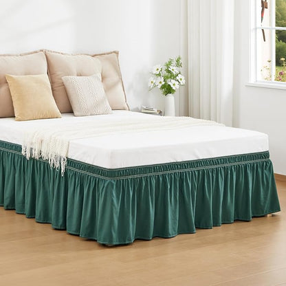 RIMELA Emerald Green Bed Skirt Queen Size 15 Inch Drop, Wrap Around Elastic Bedskirt, Dust Ruffle for Adjustable Bed Base Machine Washable Easy to Install Bed Skirts,Christmas Bedroom Decor