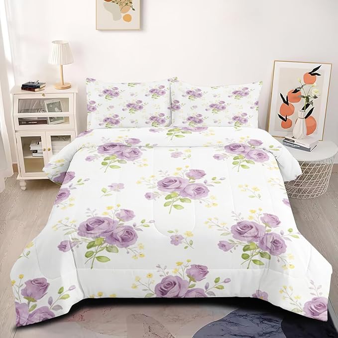Girls Women Purple White Flowers Bedding Set, Full Size 3-Piece Botanical Floral Bed Set for Girls Room Decor with Comforter 79"x 90" and 2 Pillowcases for All Season