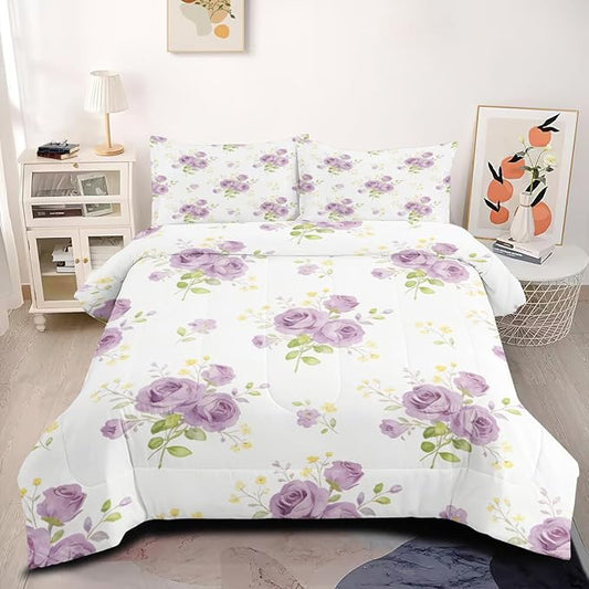 Purple Roses Comforter Sets King Size, Vintage Floral Bedding Set 3 Pieces with 1 Comforter (104" x 90") and 2 Pillowcases for Girls Bedroom Decor