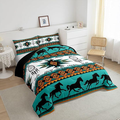 Feelyou Boho Comforter Set King Size Southwestern Native Aztec Comforter Bohemian Dream Catchers Bedding Set Horses Duvet Set Room Decor Azure Quilt Set