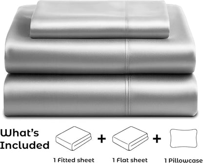 Pure Bedding Satin Sheets Twin [3-Piece, Grey] Hotel Luxury Silky Bed Sheets - Extra Soft 1800 Microfiber Sheet Set, Wrinkle, Fade, Deep Pocket Fitted Sheet, Flat Sheet, Pillow Cases