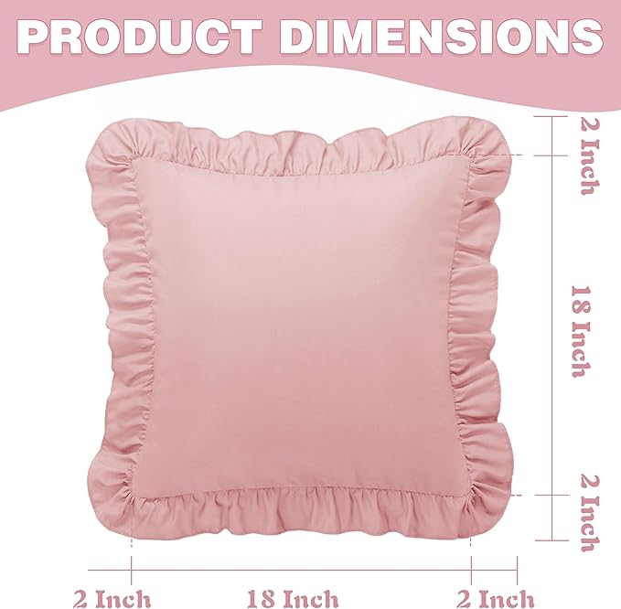 KKJIAF Ruffle Pillow Cases 18x18 Inches, Light Pink Square Ruffled Pillow Covers Set of 2, Microfiber Wrinkle Resistant Pillow Shams with Envelope Closure for Sofa Bed Living Room