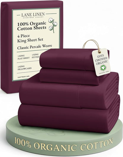 LANE LINEN 100% Organic Cotton Sheets King Size, Machine Washable Fully Elasticized Low Pill Fade Resistant Cotton Sheets, Soft & Comfy Percale Eco Friendly sábanas King - Windsor Wine