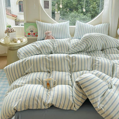 EAVD Vintage Striped Duvet Cover King Soft 100% Muslin Cotton Linen Feel Gauze Farmhouse Blue Vertical Striped Pattern Bedding Set for Men Women Reversible Geometric Duvet Cover with Zipper Closure